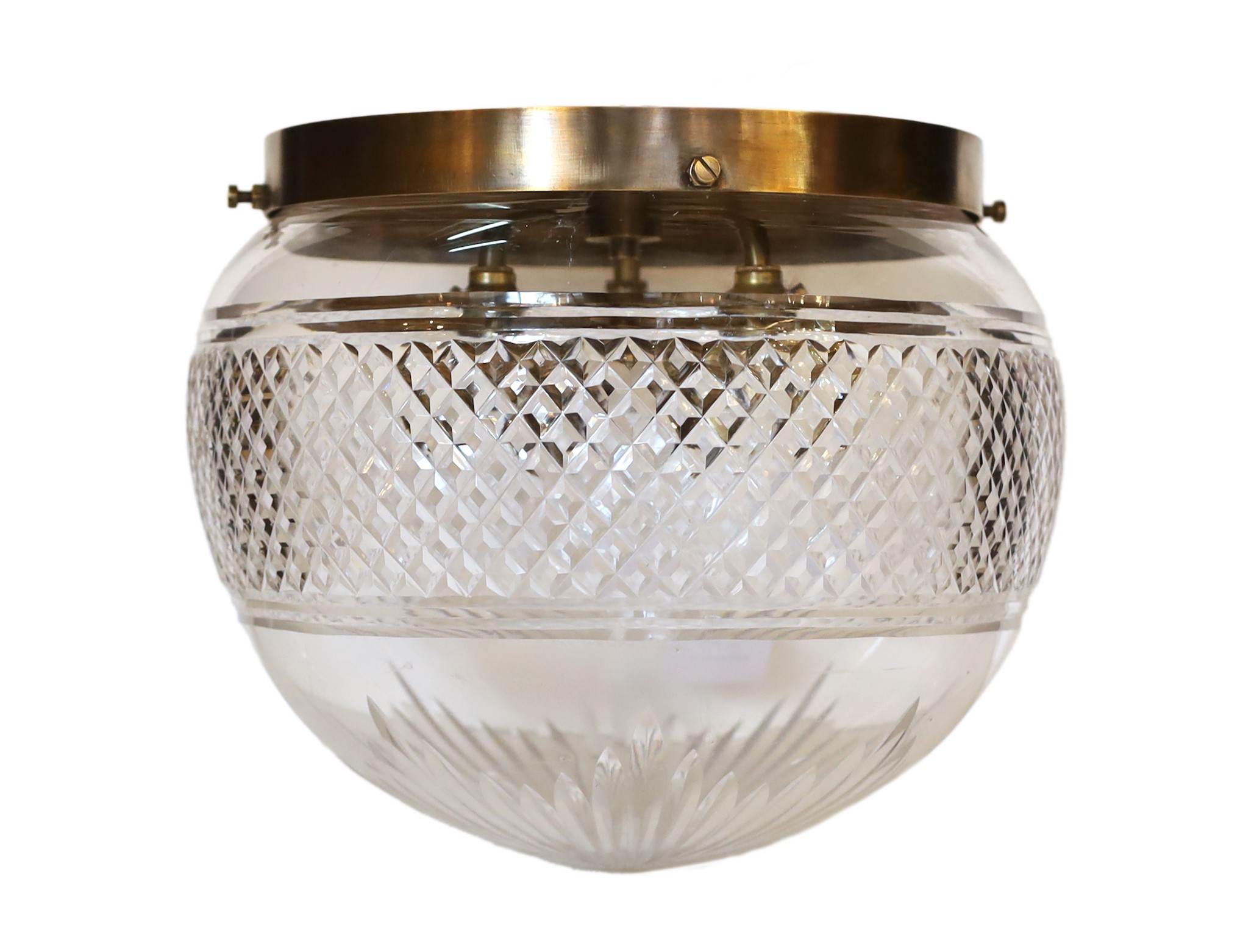 An Edwardian style cut glass light bowl with bronze three light mount, height 24cm. width 28cm